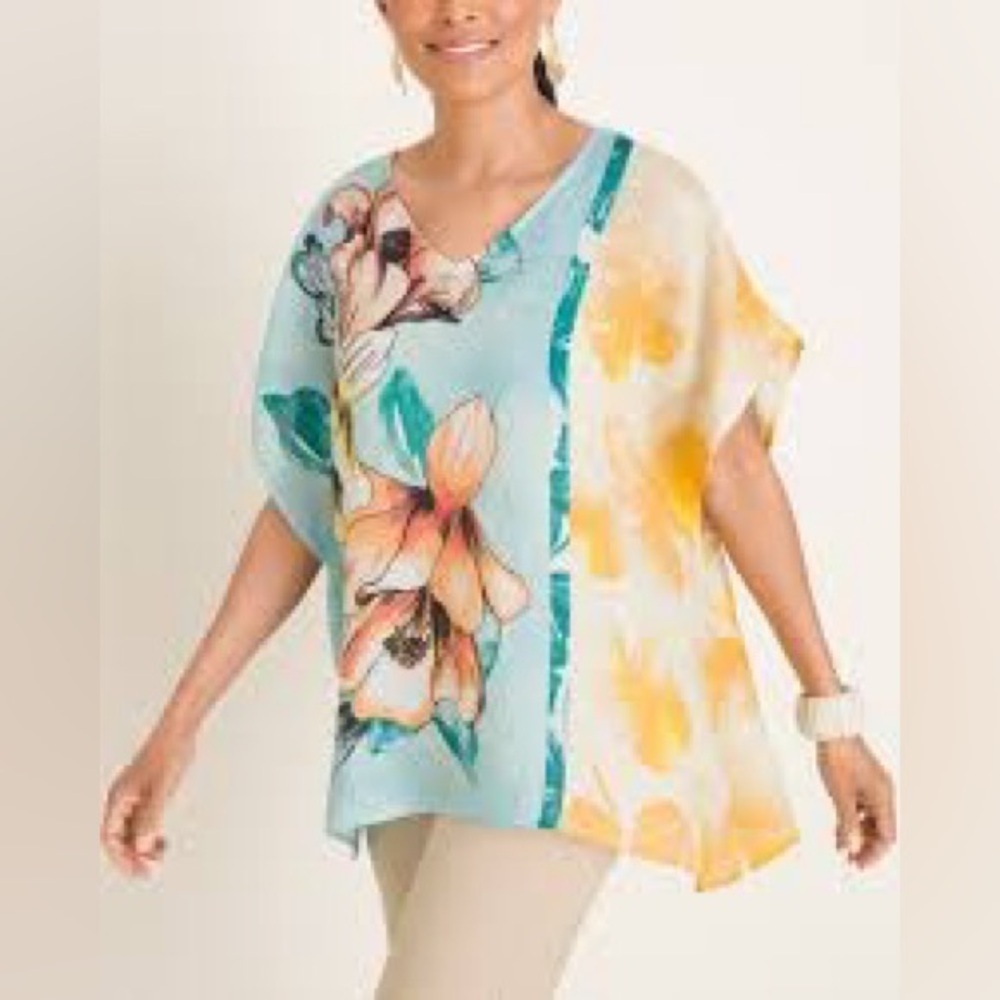 Chico’s Tropical Bloom-Print Linen Poncho - Picture 6 of 6